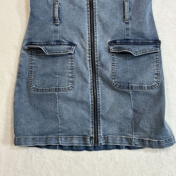 REWASH Recycled Zip Front Dress Women’s Size M Stretch Denim Jean Pockets - Picture 12 of 16
